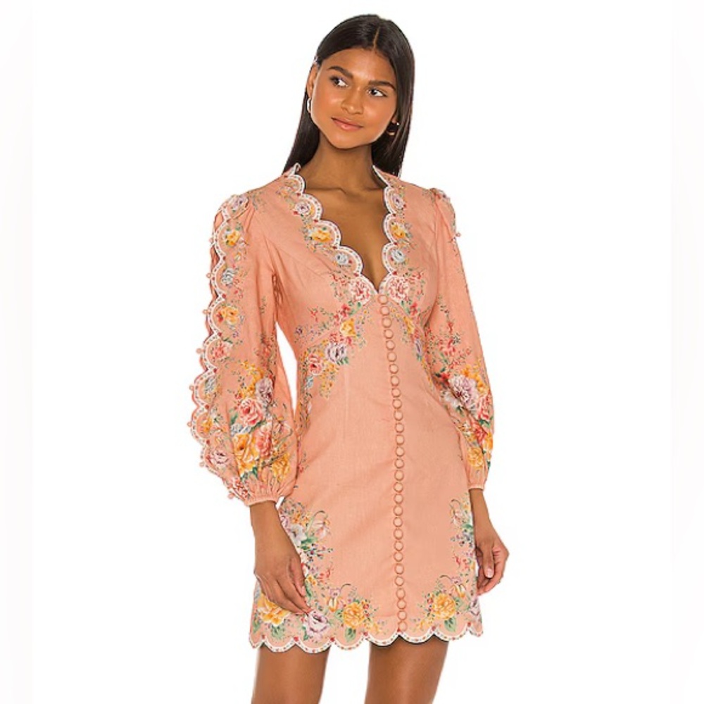 Zimmermann Zinnia Scallop Mini Dress Pink Floral Long Sleeve Linen - Size XS - Picture 15 of 15